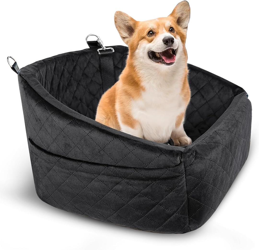 Dog Car Seat for Small Medium Sized Dogs & Cats  Booster Seat with Safety Belt, Non-Slip Bottom, Washable Bed, Storage Pockets  Pet Car Seat for Dogs/Puppy Cats Under 5-35 lbs (Black)