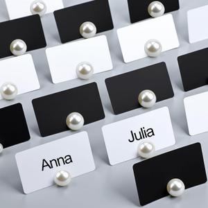 Leinuosen Decorative Pearl Place Card Stands and Cards Set, 48 Pcs Elegant Pearl Stands and 96 Pcs Black and White Card for Wedding, Table Place, Food Labels Business, Dessert Table Decor