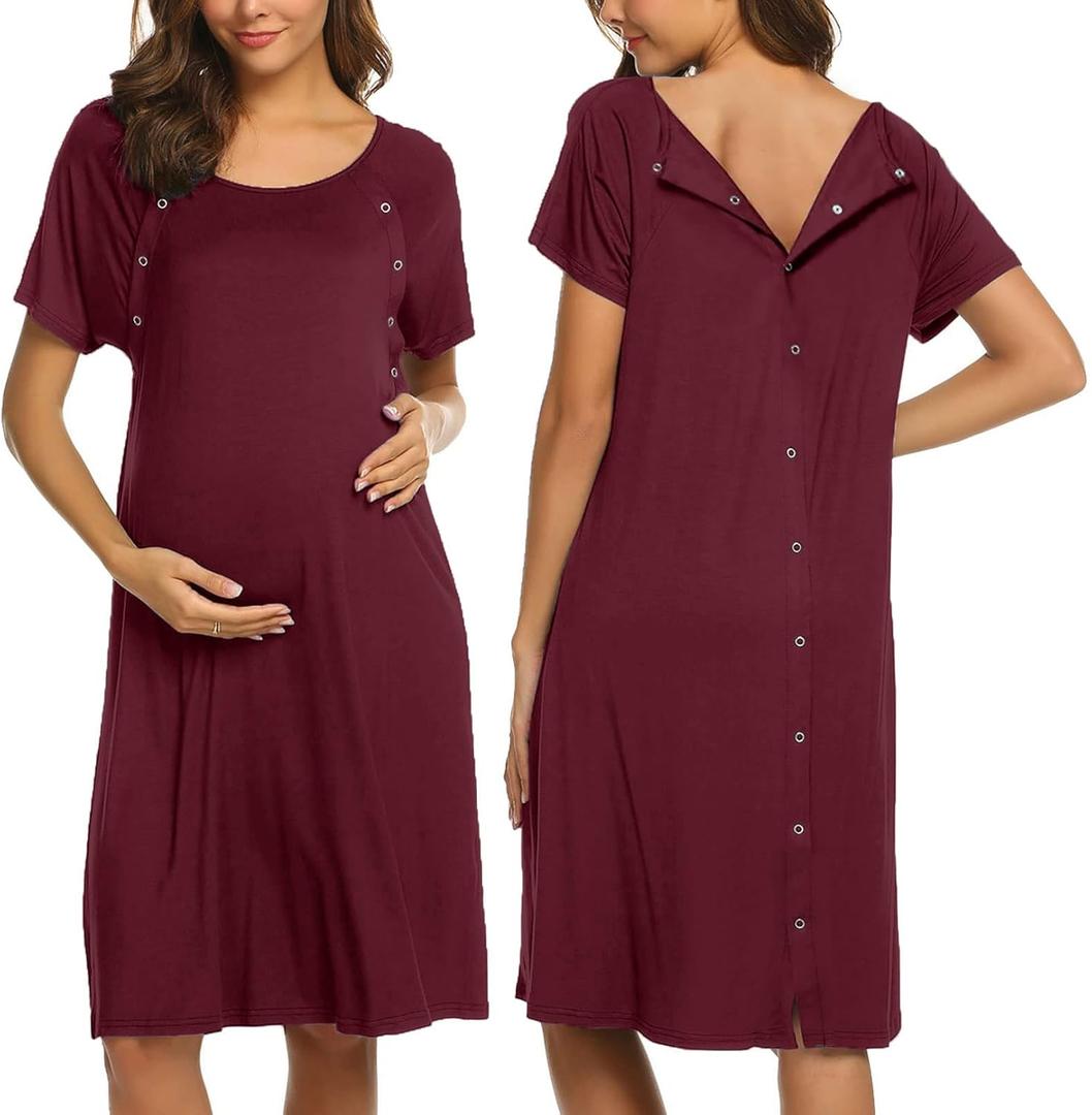Ekouaer Womens Nursing/Delivery/Labor/Hospital Nightdress Short Sleeve Maternity Nightgown with Button S-XXL (Dark Red)