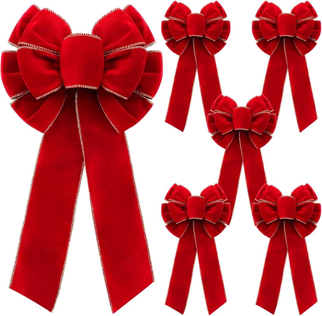 6 Pcs Red Bows 8" x 16" for Christmas Tree, Large Christmas Velvet Bows with Gold Border Waterproof Indoor Outdoor Xmas Tree Craft for Garland Swag Lantern Outdoor Decor