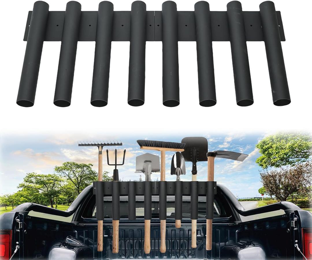 mopam Shovel Holder for Truck Landscape Hand Tool Rack with 8 Holes in 2 Groups Heavy Duty Trailer Tool Rack Truck Bed Tool Box Mount Garden Tool Organizer for Rakes Snow Shovels Hoes