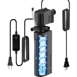 Aquarium U-V Filter for Green Water, Fish Tank Filter with Timer U-V Light, Turtle Tank Filter, Internal Filter with Dual Water Outlet & Aeration, for 40-70 Gallon Tank