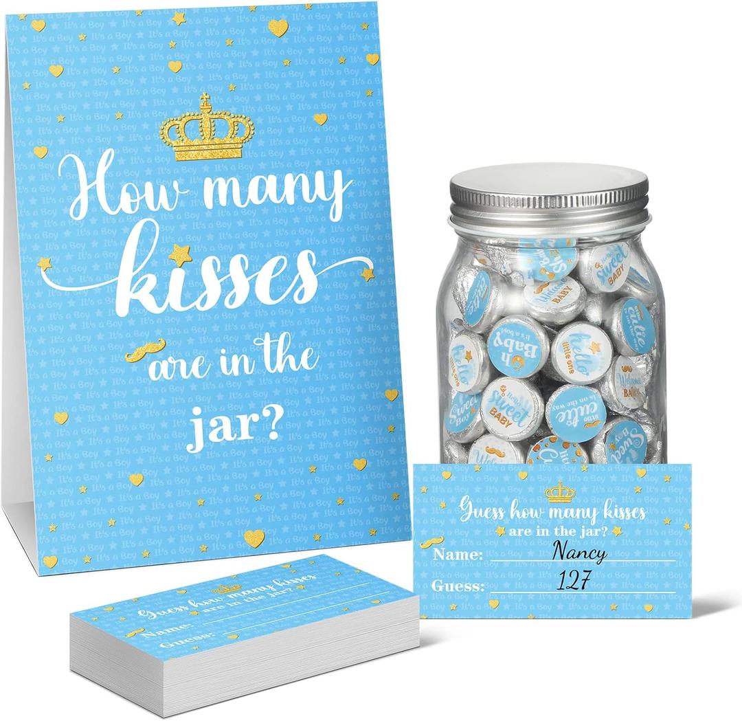 Moukeren 555 Pcs How Many Kisses Game Card Kit How Many Kisses Baby Shower Games Standing Sign Guessing Cards Baby Shower Stickers for Kid Sprinkle Birthday Party, No Candy and Jar(Blue Boy Style)