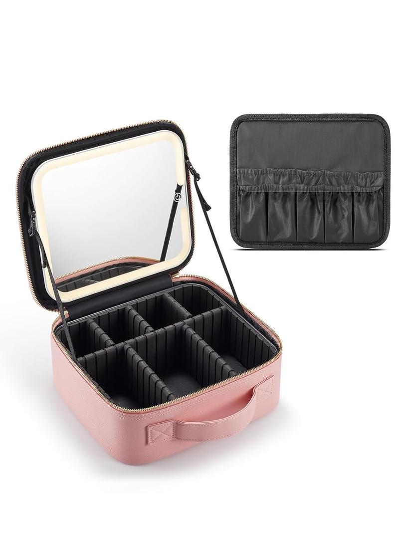 Travel Makeup Bag with Lighted MirrorMakeup Train Case with Adjustable Dividers and 3 Light Modes, PVC, Pink