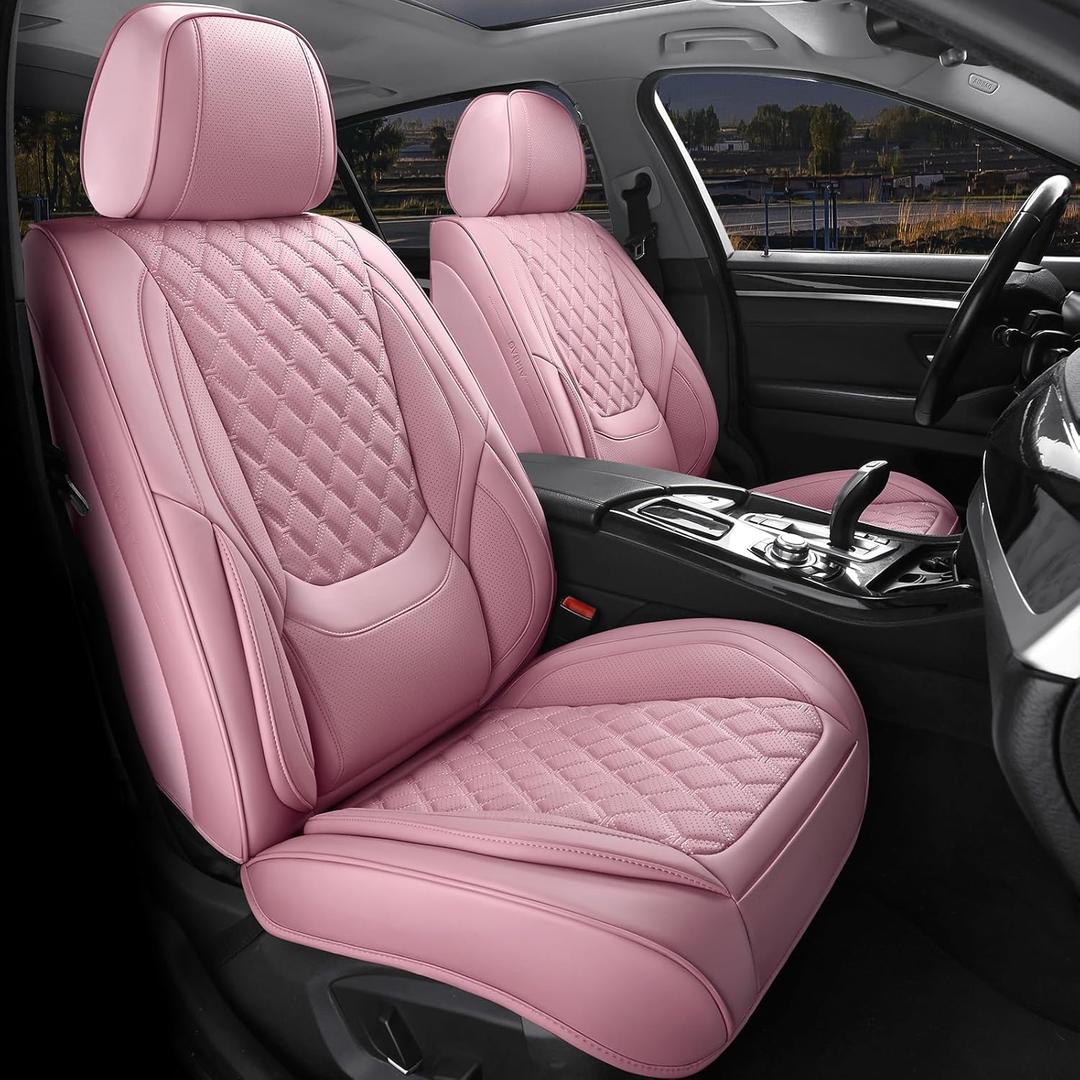 Car Seat Covers Front Seats Pink, Luxury Faux Leather Car Seat Covers Waterproof Non-Slip Seat Protector Universal Fit for Most Cars SUVs Trucks Pick-ups, Cute Pink Car Accessories for Women