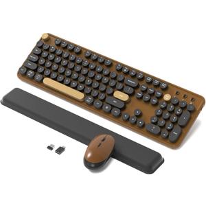 Retro Wireless Keyboard and Mouse Combo with Wrist Rest - Aesthetic Typewriter Style, Full-Size Clicky Tactile Floating Round Keys, 2.4GHz Ergonomic Set for Mac, Windows(Coffee Color)