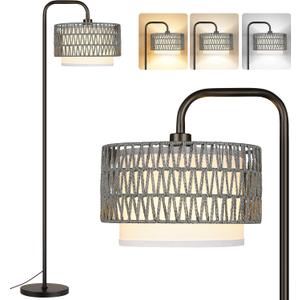 PARTPHONER 68Floor Lamp for Living Room, Tall Standing Lamp with Remote 3 Color Temperatures Dimmable Bulb, Gray Rattan and Fabric Dual Shades