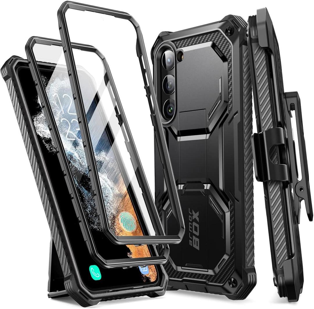 i-Blason Armorbox for Samsung Galaxy S23 Case with Stand & Belt-Clip [Built-in Screen Protector] [2 Front Frames] [Military-Grade Protection] Full-Body Rugged Bumper Case with Kickstand (Black)
