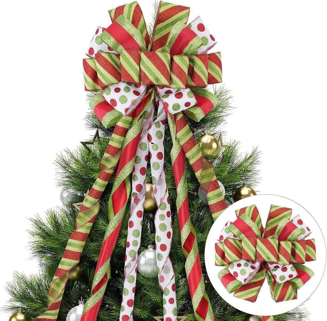 Christmas Tree Topper Bow 45" *13" Red Green Dot Handmade Large Christmas Bows Tree Topper, Wreath Bow for Xmas Holiday Home Wedding Indoor/Outdoor Decoration (WBTM-G/RPNT)