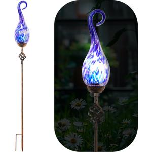 Garden Solar Lights,Flame Solar Lights Outdoor - Hand Blown Glass Waterproof Glass Stakes Outdoor Waterproof Blue Flame Solar Light