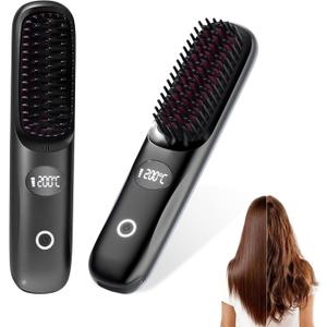 Go Brush Pro Portable Cordless Hair Straightener Brush for Travel, Fast Heating Straightening Comb with LCD Display & F/C Switch, Rechargeable Anti-Frizz Styling Tool for Smooth Shiny Hair (Black)