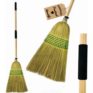 Straw Broom,Handmade Corn Broom Made from Natural Corn stalks, Outdoor Broom Equipped Wooden Handle. Natural Broom Reinforced