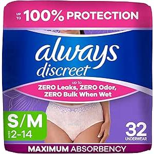 Always Discreet Adult Diapers for Women, Incontinence Underwear, Postpartum Essentials, Disposable Briefs, Max Absorbency, Bladder Leak Protection, Small/Medium, 32ct