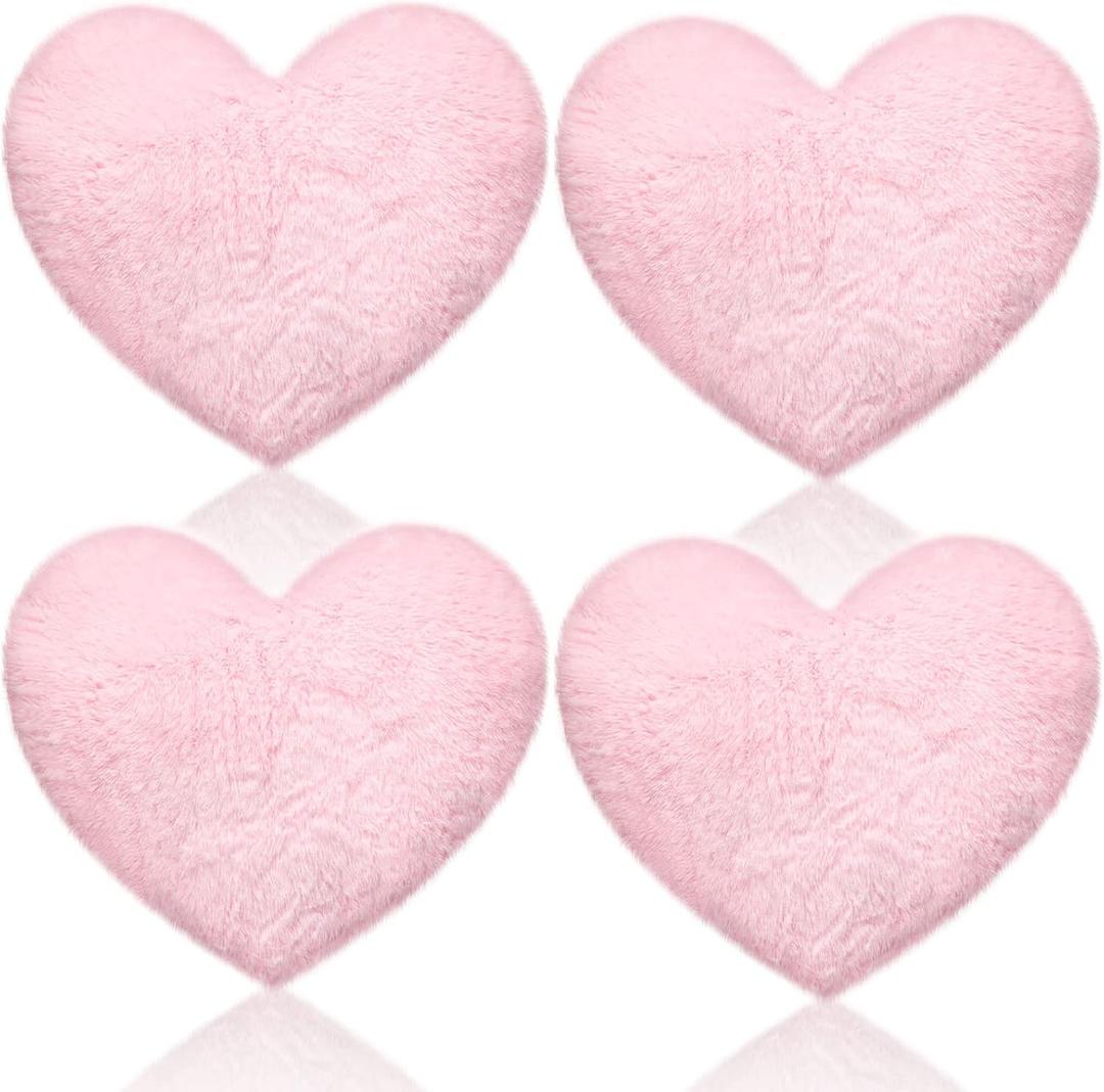 Remerry 4 Pcs Heart Pillows Valentines Pillows Decorative Throw Pillow Fluffy Throw Cushion for Bedroom Bed Sofa Kid Girls Sleepover Part(Pink)