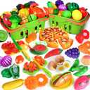 100 PCS Cutting Play Food Toy for Kids Kitchen, Pretend Food Toys for Toddlers, Play Kitchen Toys Accessories with 2 Baskets, Fake Food/Fruit/Vegetable, Birthday Gifts for 3 4 5 6 Years old Girls Boys (Green)