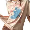 BEAUDRM Women's Graphic Boho Short Sleeve Tee Tops Crewneck Loose Fit T Shirts Streetwear Beige L