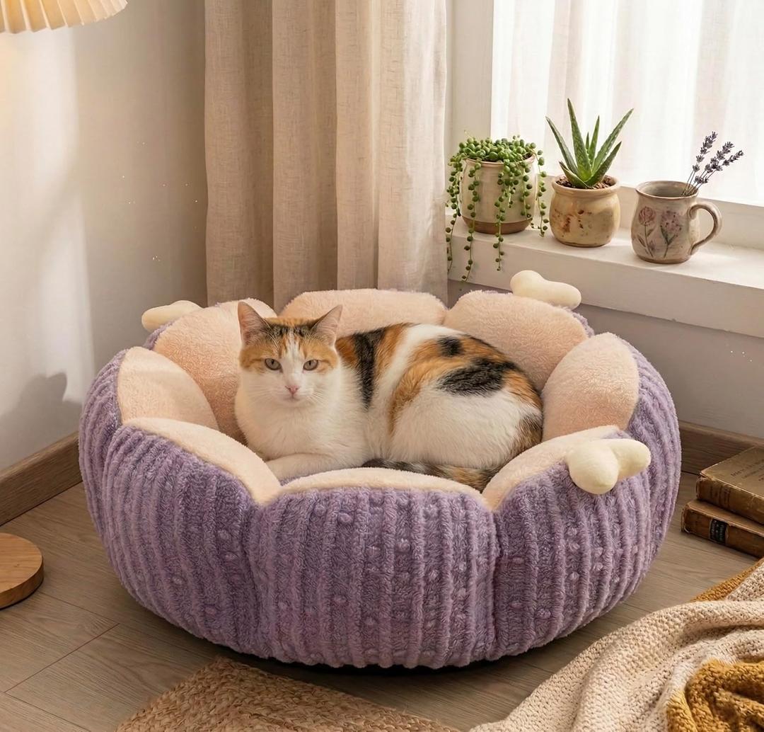 Cat Cave Bed for Indoor Cats - Calming Plush Cat Bed, Washable Anti-Slip Cat Nest, Cozy Kitten Bed 18 Inch for Cats up to 15 lbs