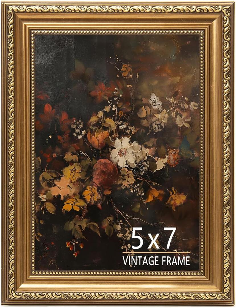 5x7 Vintage Gold Picture Frame, Ornate Antique Photo Frame 5 x 7 with HD Glass, Retro Decorative Frame for Tabletop or Wall Display, Classic Home Dcor - 1 Pack