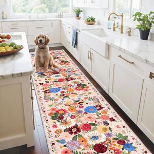 Pink/Beige Floral Hallway Runner Carpet Non-Slip, 2x10 Washable Rug Ultra-Thin Soft for Hallways, Kitchen Mat Stain Resistant for Entryway Bathroom (2 x 10, Beige/Pink Garden)