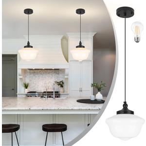10" Black Schoolhouse Light Fixture Milk Glass Pendant Light Schoolhouse Pendant Light Milk Glass Light Fixture Mid Century Modern Ceiling Light for Bedroom Bathroom Kitchen Island (Bulb Incl)