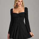 EYNMIN Long Sleeve Mini Dress Lace Sweetheart Neckline Flowy A Line Short Going Out Dresses for Women Black (Black, M)