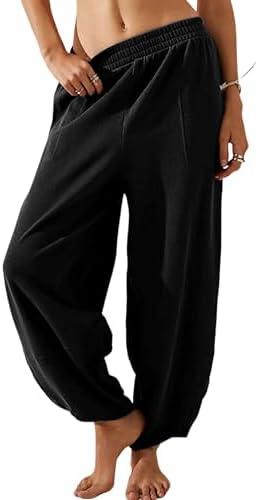 Majdan Women's Baggy Pants Wide Leg Cotton Elastic Waist Lounge Pants with Pockets size L