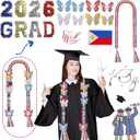 Class of 2026 Philippines Graduation Leis,Double Gold Graduation Lei Ribbon with Butterfly and Pins Accessories, Handmade Money Lei Flowers Congrats Graduation Gift for Her Him