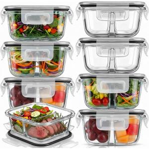 8 Pack 8 oz Bariatric Meal Prep Containers, Glass Bowl Bariatric Portion Control, Snack Food Storage Container with Two 4 oz Compartments and with Lid, Dishwasher & Microwave Safe (Black)