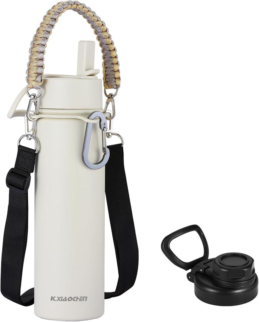 KXIAOCHEN Insulated Water Bottle, Stainless Steel Water Bottle, 2 Lids (Straw and Handle Lid),Wide Mouth Metal Water Bottles Keep Hot and Cold, Double Walled, Thermo Mug, Metal Canteen (Cream)