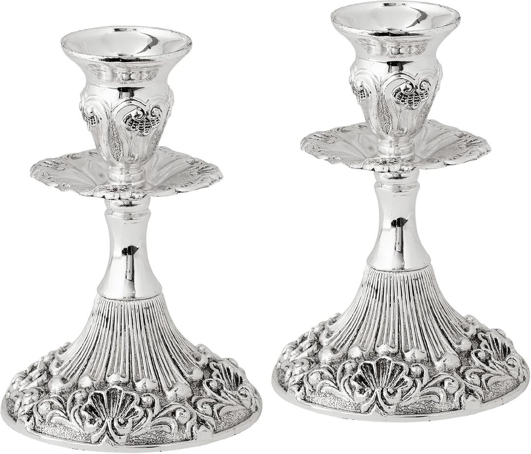 Silver Plated Candlesticks - 2 Pack Set - Pair of 5 Inch Ornate Candle Holders with Round Base and Floral Design
