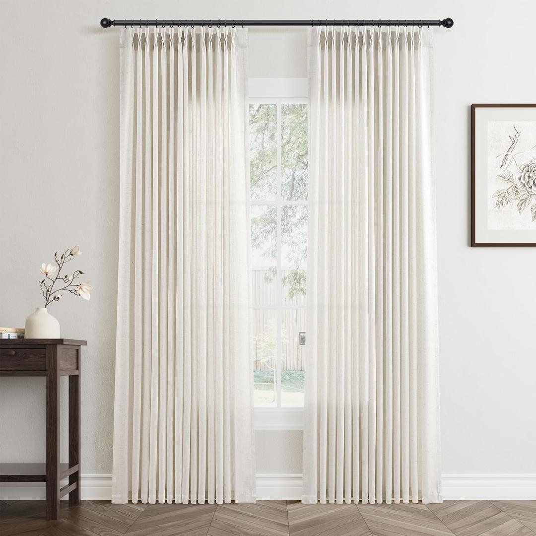 Natural Pinch Pleated Linen Curtains 94 Inches Long 2 Panels Set for Living Room Bedroom Pleated Hooks Rings Back Tab Light Filtering Cream Birch Boho Farmhouse Drapes 94 Inch Length