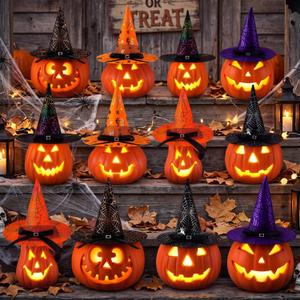 Woanger 24 Pcs Light up Halloween Pumpkin with Witch Hat LED Jack O Lantern