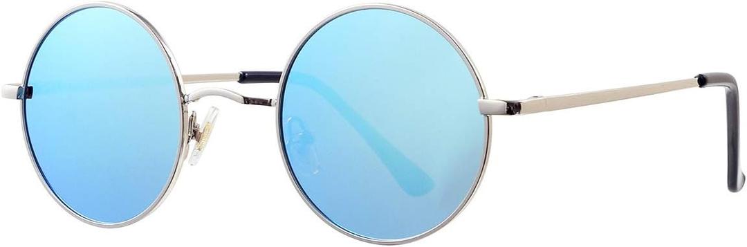 2 x Gleyemor Polarized Round Sunglasses for Men Women Hippie Small Circle Glasses Red Yellow Lenses (Silver/Blue Mirror)