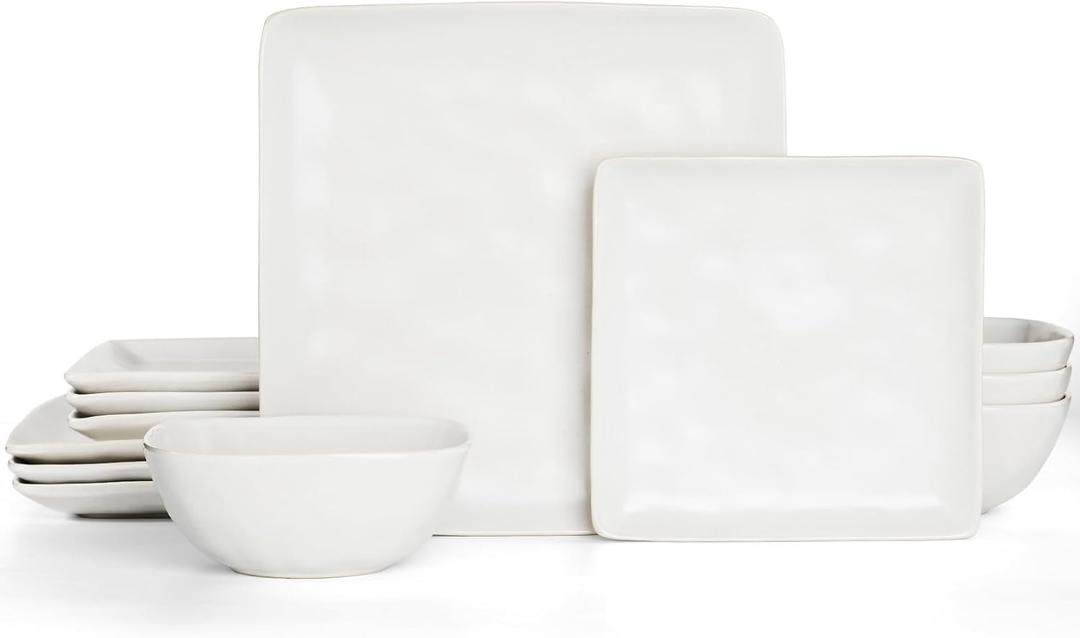 Famiware Dinnerware Sets for 4, Ocean Square 12-Piece Kitchen Plates and Bowls Sets, Microwave and Dishwasher Safe, Scratch Resistant, Matte White