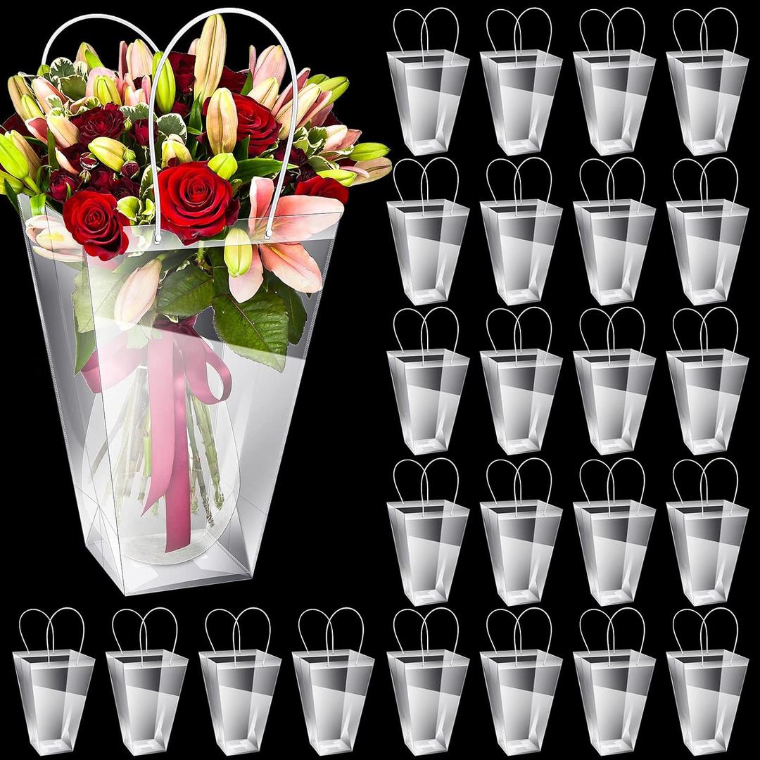 Yexiya 48 Pcs Floral Bags Large Clear Flower Bouquet Bag Bulk with Handle Mother's Day Transparent Florist Wedding Gift Packaging Plastic Gift Birthday Valentine's, 11.4 x 5.9 x 16.7 In (Clear Edge)