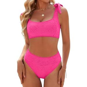 Blooming Jelly Womens High Waisted Bikini Set Tie Strap Jacquard Terry Cloth 2 Piece Swimsuit Modest Cute Retro Bathing Suit, L
