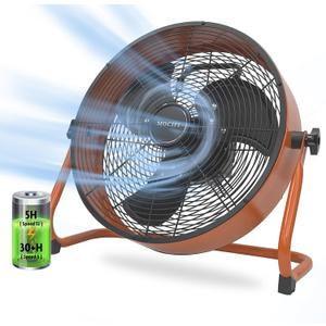 Battery Operated Fan 12-Speed Rechargeable Floor Fan High Velocity Portable Cordless Outdoor Fan, USB Output For Phone, for Camping, Travel, Patio, Indoor, Orange, 12 Inch