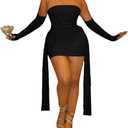 Sexy Strapless Tube Top Mesh Mini Dress for Women Bodycon Ruched Ribbons Birthday Date Night Dresses (Black, M)