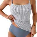 Eomenie Women's Swimsuit Tankini Tummy Control Bathing Suits Two Piece Full Coverage Slim Swim Suits with High Waisted Bottom (Blue and Stripe), Small