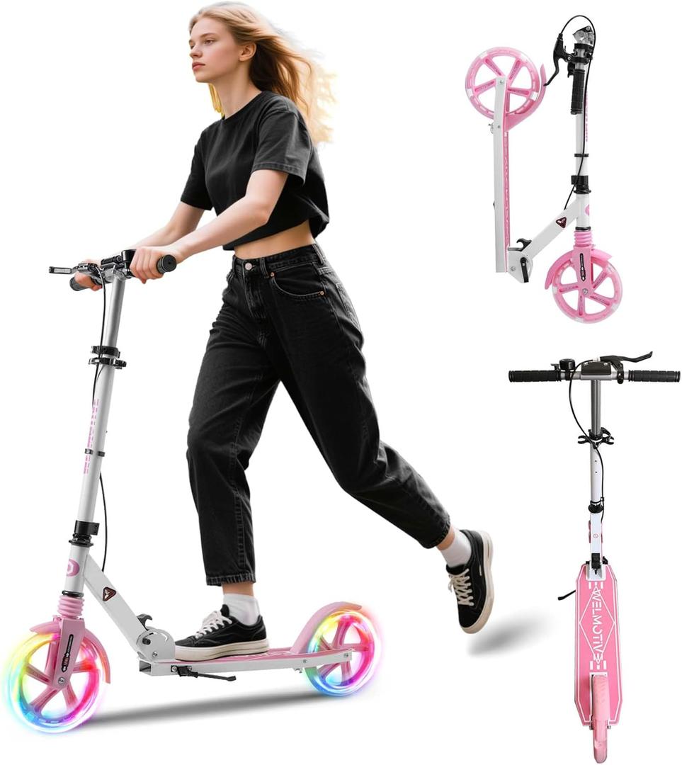 Kick Scooter for Kids Ages 8+ Teens & Adults, with Front handbrake and Rear Brake, and Adjustable Handlebars, Big Sturdy PU Flash Wheels Great Gift & Toy (White)