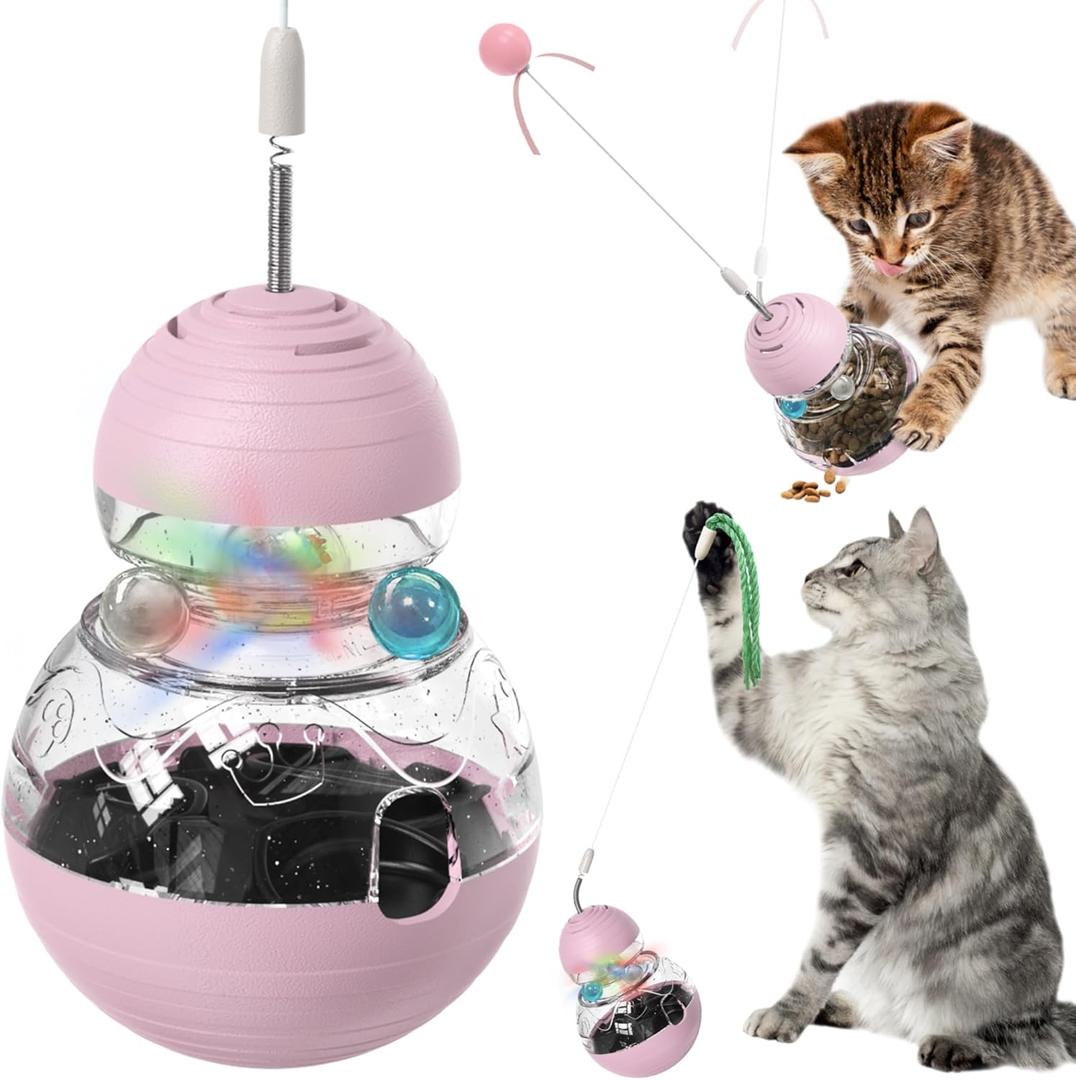 Interactive Cat Toy for Bored Indoor Cats, Tumbler Design with Teaser Wand, Cat Food Dispenser & Treat Puzzle Toy, Kitten Enrichment Toys for Mental Stimulation & Slower Eating (Pink)