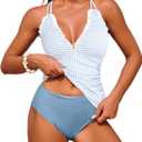 ZAFUL Womens Tankini Swimsuits Smocked 2 Piece Bathing Suits Modest Tie Back Swimwear (XX-Large, Striped Blue)