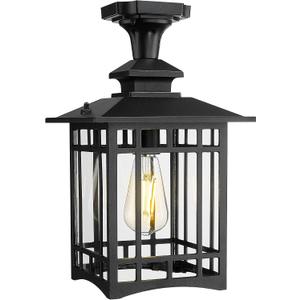 Emliviar Outdoor Semi Flush Mount Ceiling Light Fixture, 15.4 Inch Black Porch Light Ceiling Mount with Clear Glass for Proch, E26 Base Socket, XE309F-M BK, Standard - Clear Glass