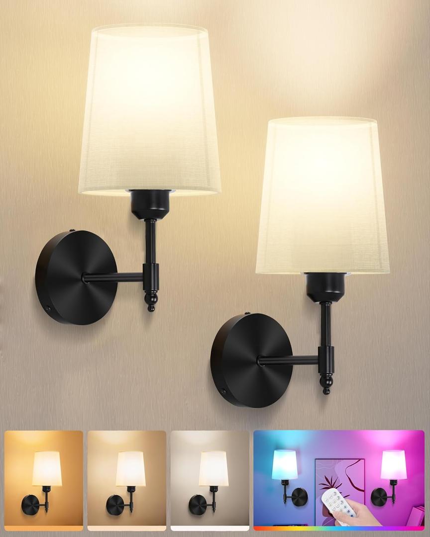 Ouyulong Battery Operated Wall Sconces Set of 2, Wireless Rechargeable Dimmable Wall Light with RGB Bulb and Remote for Bedroom, Living Room, Hallway (Black)