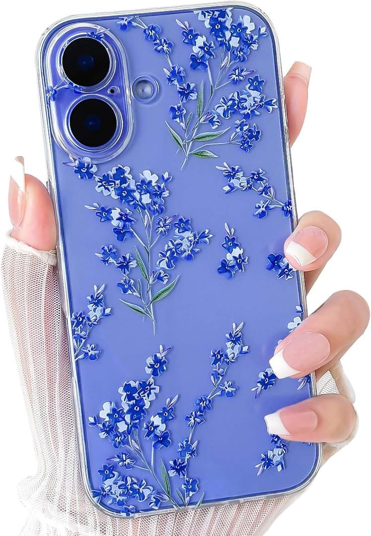 NITITOP Compatible with iPhone 16 Case Cute Clear Flower Floral Artistic Design for Women Girls Stylish Slim Soft TPU Shockproof Protective Girly Phone Cover - Blue