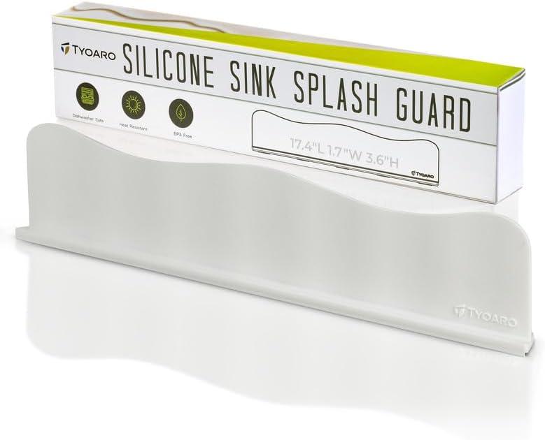 TYOARO Silicone Sink Splash Guard - Water Splash Guard for Kitchen, Island and Bathroom - Secure Non-Slip Suction Cup Base - Dishwasher Safe, White (17.4 x 1.7 x 3.6")