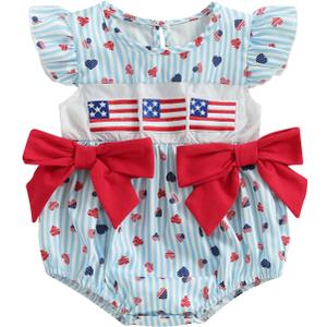 Ayalinggo 4th Of July Baby Girl Outfits Usa Flag Embroidery Newborn Infant Smocked Bubble Romper Memorial Day Clothes (Blue)