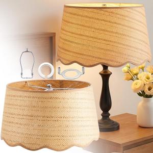 Boho Rattan Table Lamp Shade Scalloped Nightstand Bedside Accent Floor Lamp, 14" Top X 16" Bottom X 10" High