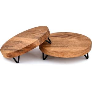 Kimona Pedestals Iron & Acacia Wood Multi-Purpose Display Pedestal, Riser Board for Soap, Perfume, Candles for Home, Patio & Garden (6" x 6" x 1.5"), (Set of 2)