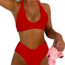 Women's Sexy High Leg Triangle Halter Bikini Set Padded Cup Bikini Cheeky Swimsuit V Cut Thong Bathing Suit (Large, Red)